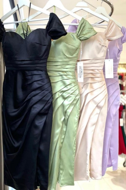 Simple Off-the-shoulder Evening Dresses Short Sage Prom Dresses With Slit-misshow.com