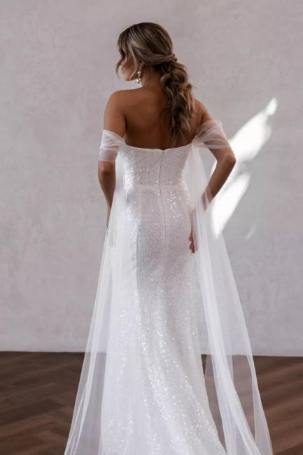 Simple Off-the-shoulder Glitter Mermaid Wedding Dresses-misshow.com