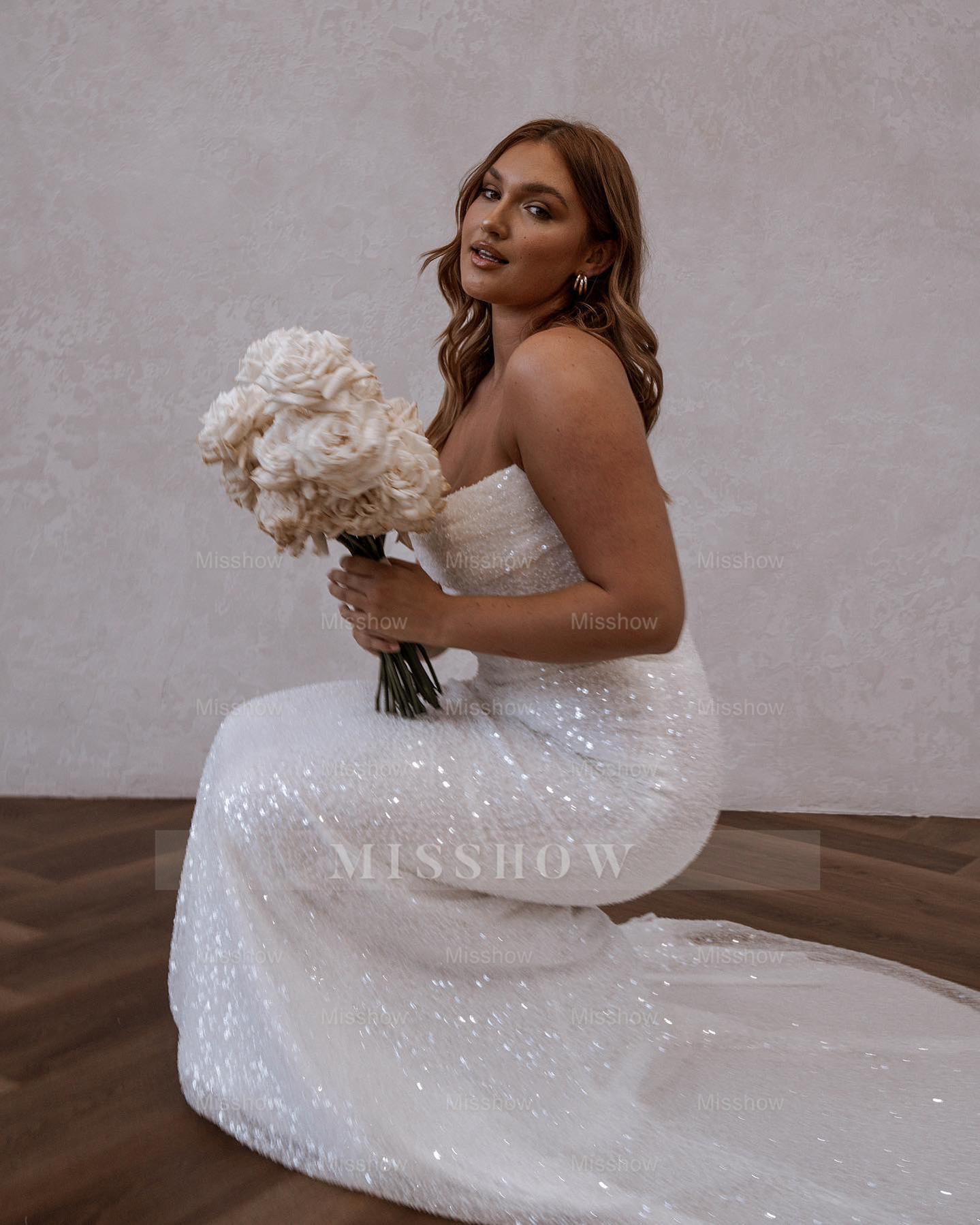 Simple Off-The-Shoulder Glitter Mermaid Wedding Dresses Simple Off-The-Shoulder Glitter Mermaid Wedding Dresses