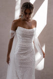 Simple Off-the-shoulder Glitter Mermaid Wedding Dresses-misshow.com