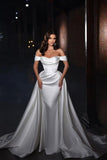 Simple Off-the-shoulder Satin A-line Sleeveless Wedding Dresses With Detachable Train-misshow.com