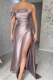 Simple Off-the-shoulder Sleeveless Satin Split Front Mermaid Prom Dress