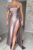 Simple Off-the-shoulder Sleeveless Satin Split Front Mermaid Prom Dress-misshow.com