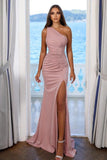 Simple One Shoulder Evening Dresses Long Pink Prom Dresses With Slit