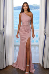 Simple One Shoulder Evening Dresses Long Pink Prom Dresses With Slit-misshow.com