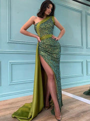 Simple One-shoulder Side Slit Mermaid Sequin Prom Evening Dresses-misshow.com