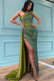 Simple One-shoulder Side Slit Mermaid Sequin Prom Dresses-misshow.com