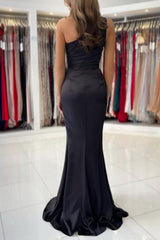 Simple One-shoulder Sleeveless Mermaid Floor-Length Prom Dresses with Ruffles-misshow.com