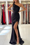 Simple One-shoulder Sleeveless Mermaid Floor-Length Prom Dresses with Ruffles-misshow.com