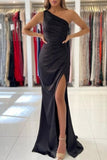 Simple One-shoulder Sleeveless Mermaid Floor-Length Prom Dresses with Ruffles-misshow.com