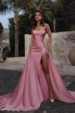 Simple Pink A-line Strapless Long Prom Dresses With Slit-misshow.com
