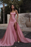 Simple Pink A-line Strapless Long Prom Dresses With Slit