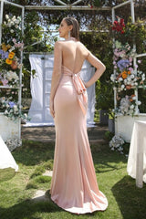 Simple Pink Halter Sleeveless Mermaid Floor-Length Satin Prom Dresses-misshow.com