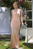 Simple Pink Halter Sleeveless Mermaid Floor-Length Satin Prom Dresses-misshow.com