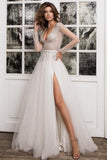 Simple Pleats Sequins V-neck Long Sleeve Brush A-Line Wedding Dresses-misshow.com
