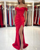 Simple Red Long Off-the-shoulder Slit Mermaid Prom Dresses-misshow.com