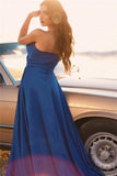 Simple Royal Blue Long A-line Sleeveless Prom Dresses With Slit-misshow.com