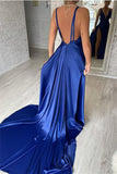 Simple Royal Blue V-neck Satin Split Front Mermaid Prom Dress-misshow.com