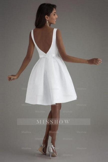 Simple Short White Sleeveless Backless Wedding Dresses – misshow.com