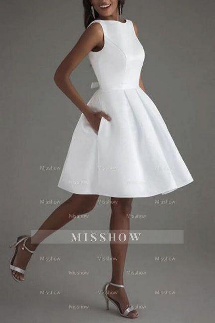 Simple Short White Sleeveless Backless Wedding Dresses – misshow.com