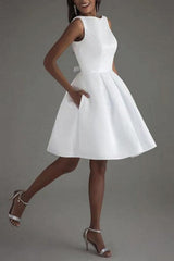 Simple Short White Sleeveless Backless Wedding Dresses-misshow.com