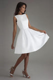 Simple Short White Sleeveless Backless Wedding Dresses-misshow.com