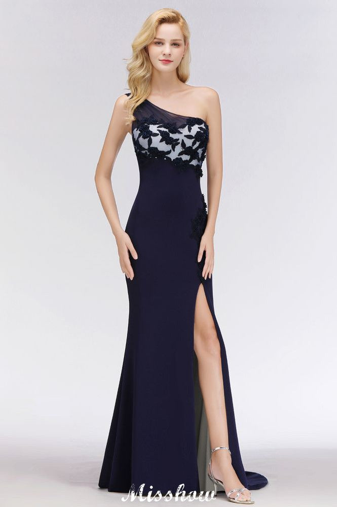 Simple Side Split One-Shoulder Prom Dresses | A-Line Sleeveless Mermaid Floral Appliques Evening Dresses Simple Side Split One-Shoulder Prom Dresses | A-Line Sleeveless Mermaid Floral Appliques Evening Dresses