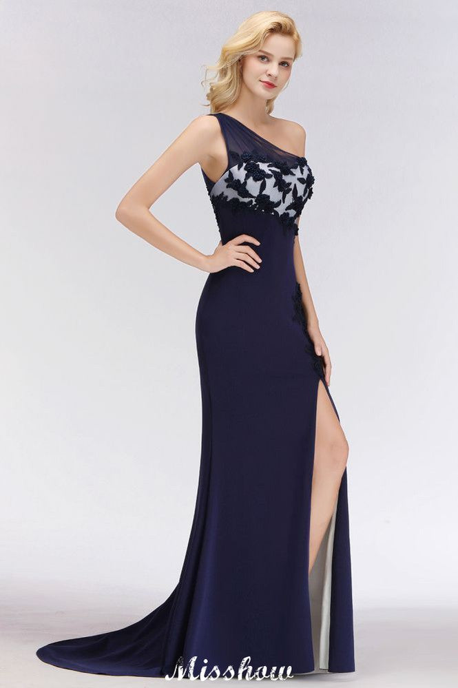 Simple Side Split One-Shoulder Prom Dresses | A-Line Sleeveless Mermaid Floral Appliques Evening Dresses | MISSHOW Simple Side Split One-Shoulder Prom Dresses | A-Line Sleeveless Mermaid Floral Appliques Evening Dresses | MISSHOW