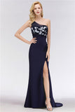 Simple Side Split One-Shoulder Prom Dresses | A-Line Sleeveless Mermaid Floral Appliques Evening Dresses