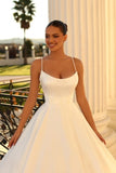 Simple spaghetti straps sleeveless ball gown satin wedding dress-misshow.com