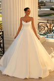 Simple spaghetti straps sleeveless ball gown satin wedding dress-misshow.com