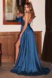 Simple Spaghetti Straps Sleeveless Column Elastic Woven Satin Prom Dresses with Ruffles-misshow.com