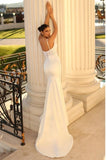 Simple spaghetti straps sleeveless mermaid satin wedding dress with lace-misshow.com