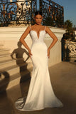 Simple spaghetti straps sleeveless mermaid satin wedding dress with lace-misshow.com