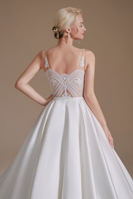 Simple Straps Sleeveless A-Line Floor-Length Satin Wedding Dresses with Ruffles-misshow.com