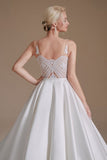 Simple Straps Sleeveless A-Line Floor-Length Satin Wedding Dresses with Ruffles-misshow.com