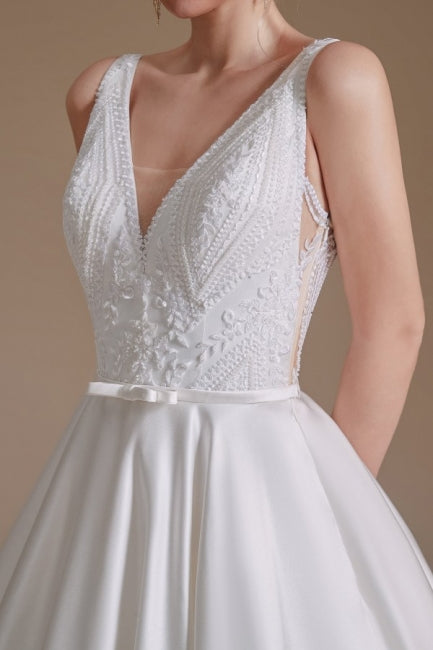 Simple Straps Sleeveless A-Line Floor-Length Satin Wedding Dresses with Ruffles-misshow.com