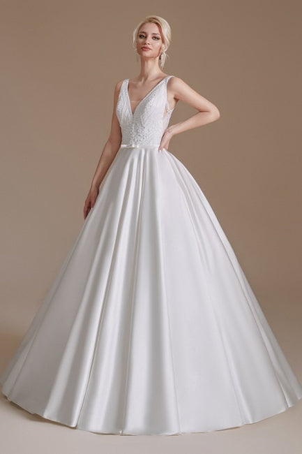 Simple Straps Sleeveless A-Line Floor-Length Satin Wedding Dresses with Ruffles-misshow.com