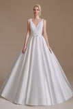 Simple Straps Sleeveless A-Line Floor-Length Satin Wedding Dresses with Ruffles-misshow.com