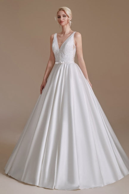 Simple Straps Sleeveless A-Line Floor-Length Satin Wedding Dresses with Ruffles-misshow.com
