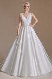 Simple Straps Sleeveless A-Line Floor-Length Satin Wedding Dresses with Ruffles