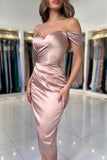 Simple sweetheart off-the-shoulder cap sleeves column satin Evening dresses with ruffles-misshow.com