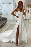 Simple Sweetheart Off-the-shoulder Sleeveless Satin Wedding Dress With Slit