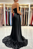 Simple Sweetheart Satin Evening Dresses Black Long Prom Dresses With Slit-misshow.com