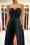 Simple Sweetheart Satin Evening Dresses Black Long Prom Dresses With Slit-misshow.com