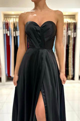 Simple Sweetheart Satin Evening Dresses Black Long Prom Dresses With Slit-misshow.com