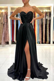 Simple Sweetheart Satin Evening Dresses Black Long Prom Dresses With Slit