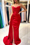 Simple sweetheart sleeveless mermaid satin prom dresses splitfront-misshow.com