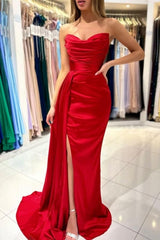 Simple sweetheart sleeveless mermaid satin prom dresses splitfront-misshow.com
