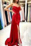 Simple sweetheart sleeveless mermaid satin prom dresses splitfront-misshow.com